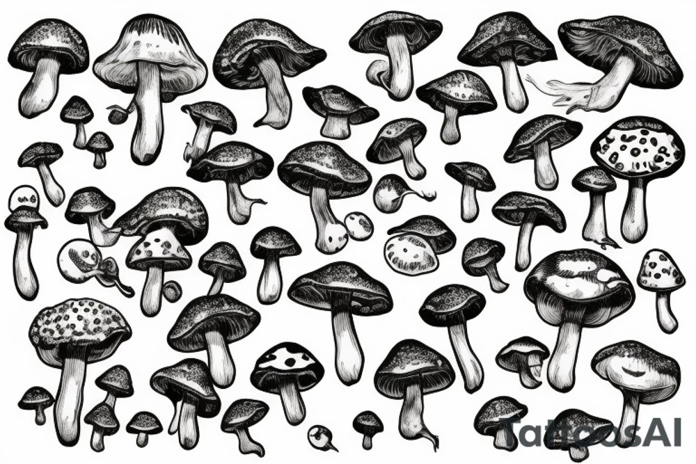 many small separate fly agaric mushrooms in space tattoo idea