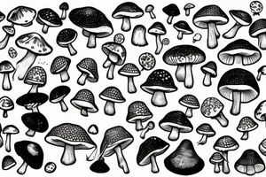 many small separate fly agaric mushrooms in space tattoo idea