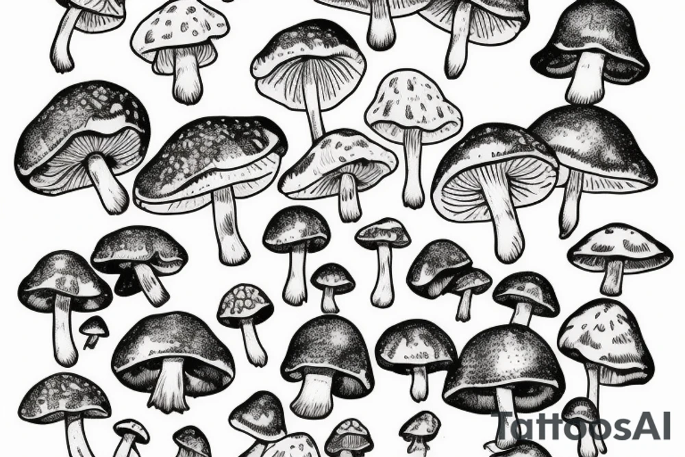 many small separate fly agaric mushrooms in space tattoo idea
