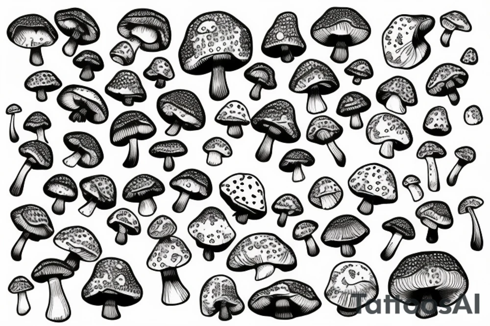many small separate fly agaric mushrooms in space tattoo idea
