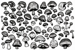 many small separate fly agaric mushrooms in space tattoo idea
