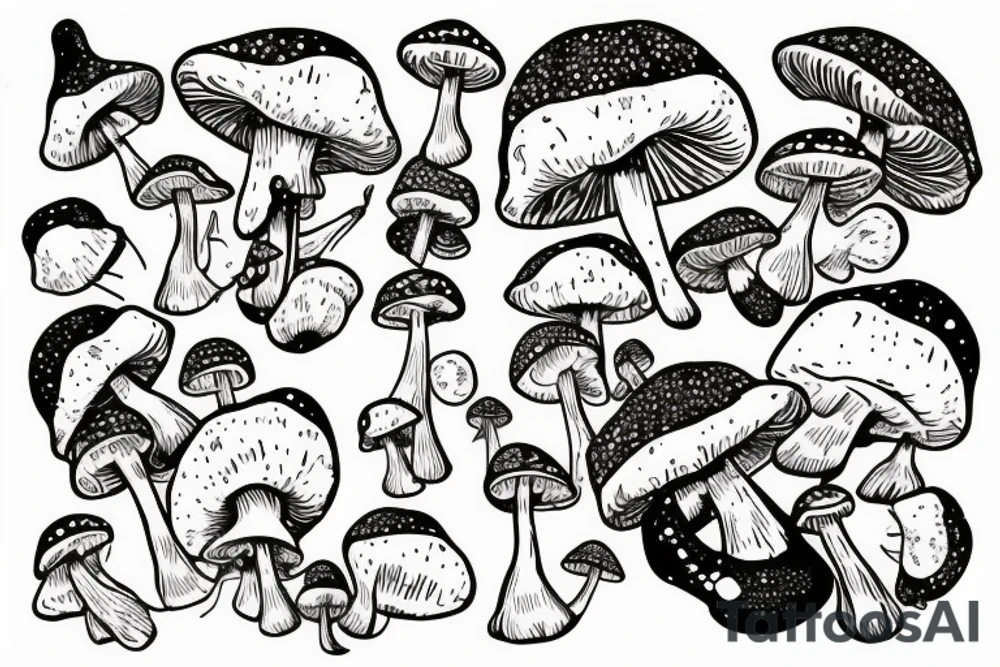 many small separate fly agaric mushrooms in space tattoo idea