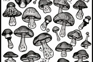 many small separate fly agaric mushrooms in space tattoo idea