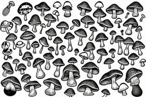 many small separate fly agaric mushrooms in space tattoo idea