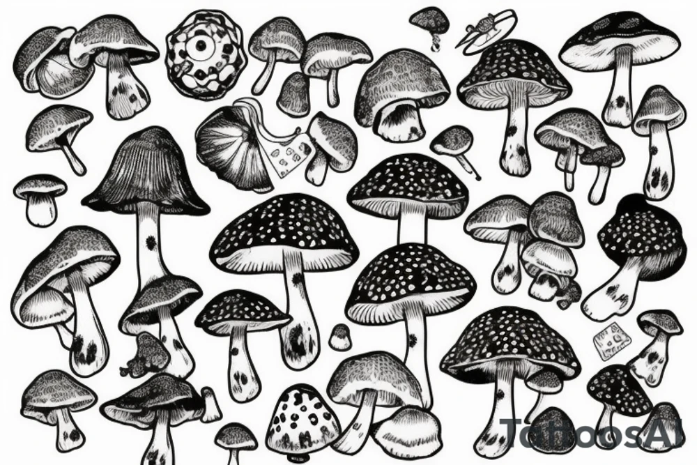 many small separate fly agaric mushrooms in space tattoo idea