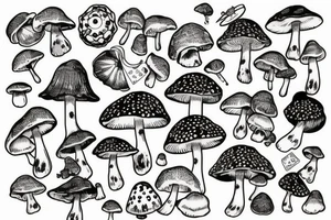 many small separate fly agaric mushrooms in space tattoo idea