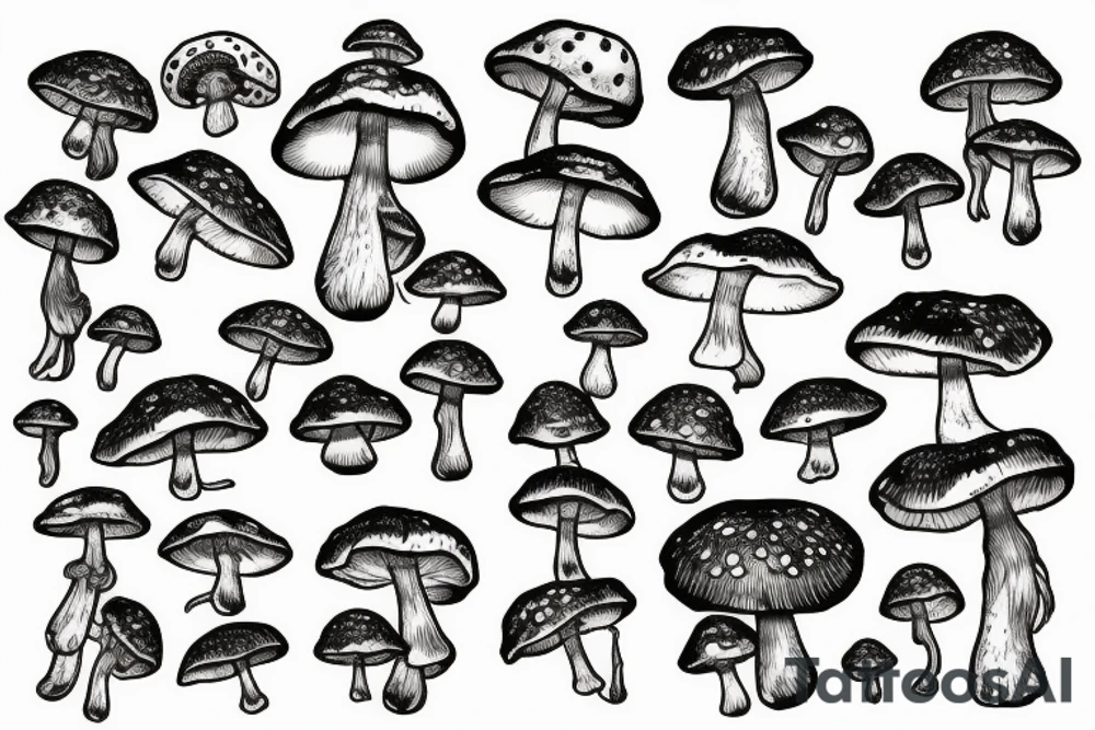 many small separate fly agaric mushrooms in space tattoo idea