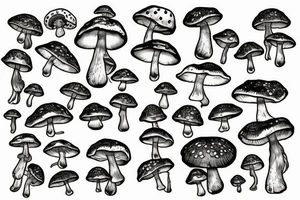 many small separate fly agaric mushrooms in space tattoo idea