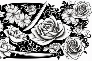 4 flowers one sword with two folks tattoo idea