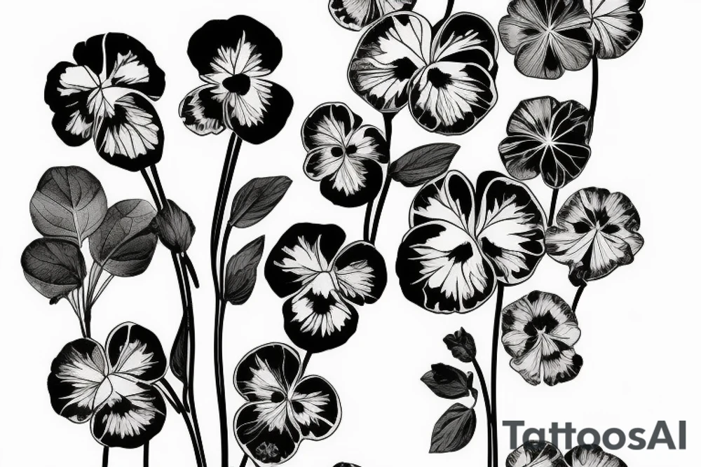 pansy flowers on a stem with 4 leaf clovers as the leaves tattoo idea