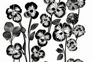 pansy flowers on a stem with 4 leaf clovers as the leaves tattoo idea