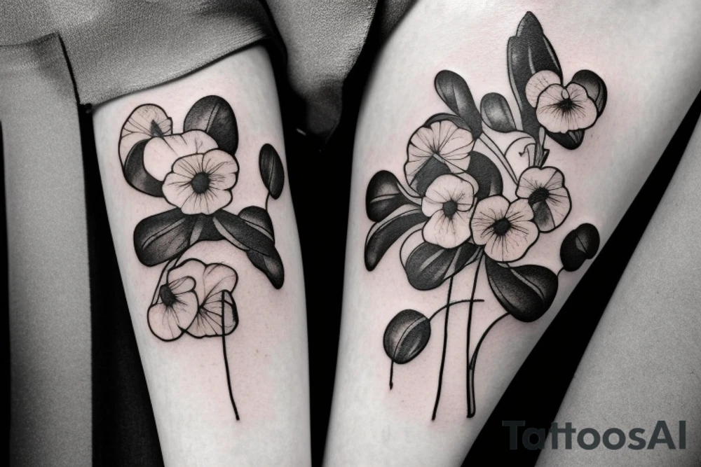 pansy flowers on a stem with 4 leaf clovers as the leaves tattoo idea