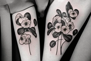 pansy flowers on a stem with 4 leaf clovers as the leaves tattoo idea
