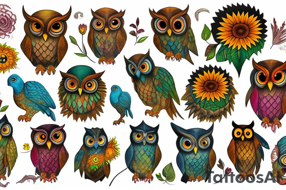 Dinosaur sunflower owl raven tattoo idea