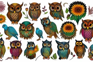 Dinosaur sunflower owl raven tattoo idea