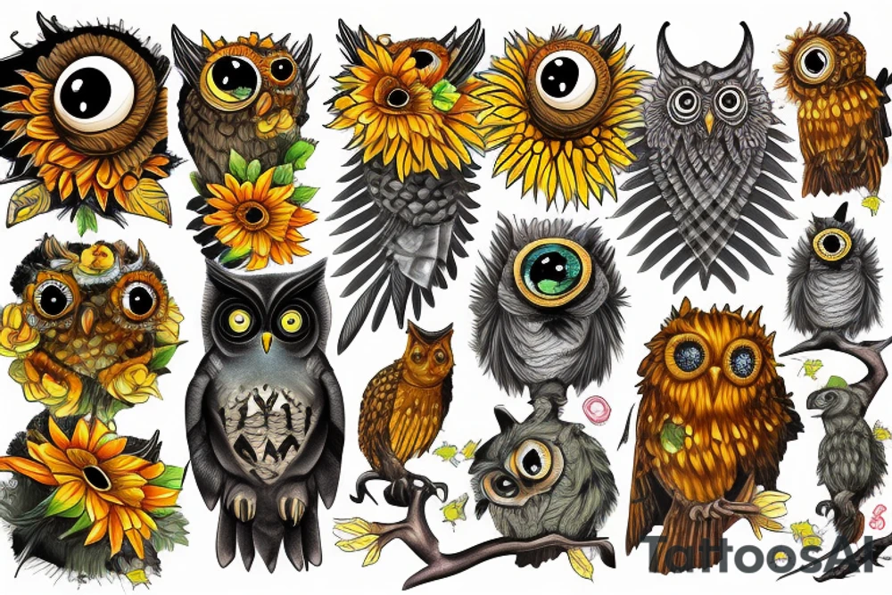 Dinosaur sunflower owl raven tattoo idea