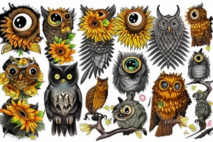 Dinosaur sunflower owl raven tattoo idea
