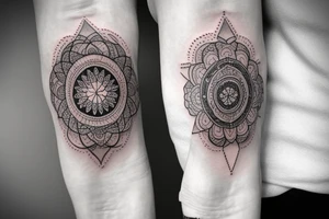 flower of life sleeve on forearm all the way to wrist with a lighting attached to it tattoo idea