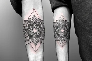 flower of life sleeve on forearm all the way to wrist with a lighting attached to it tattoo idea