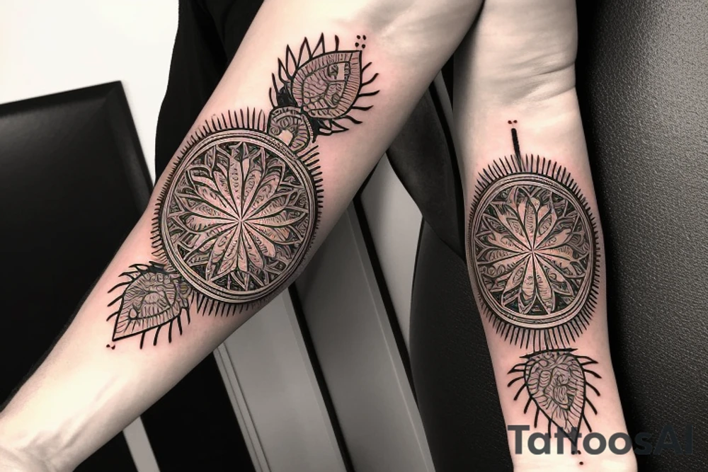 flower of life sleeve on forearm all the way to wrist with a lighting attached to it tattoo idea