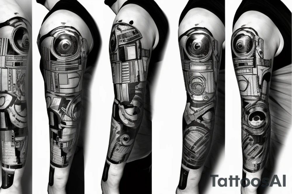 Ripped skin that exposes robotic arm on my forearm in the style of R2D2 tattoo idea