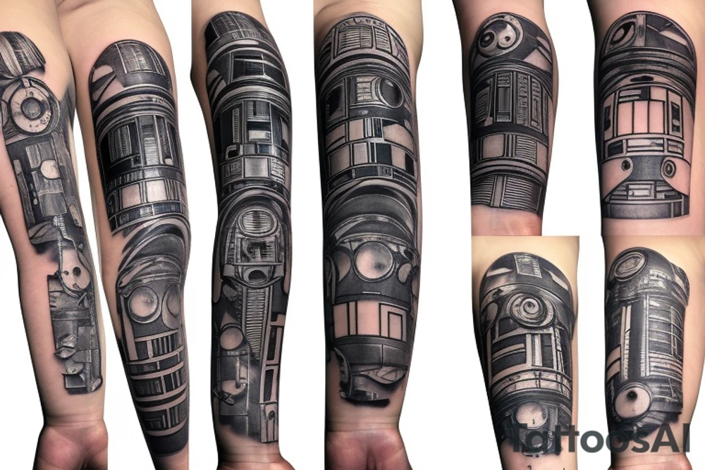 Ripped skin that exposes robotic arm on my forearm in the style of R2D2 tattoo idea