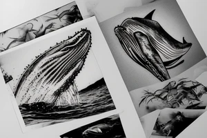 Humpback whale jumping through a Polaroid picture tattoo idea