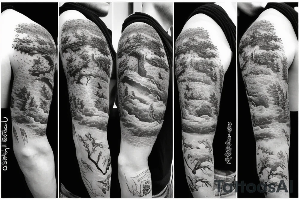 Full sleeve tattoo with saphira rhe dragon from dragon breathing fire, and at bottom of arm a pine forest with 3 aliens hiding behind a tree tattoo idea Full sleeve tattoo with saphira rhe dragon from dragon breathing fire, and at bottom of arm a pine forest with 3 aliens hiding behind a tree tattoo idea