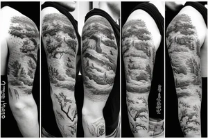 Full sleeve tattoo with saphira rhe dragon from dragon breathing fire, and at bottom of arm a pine forest with 3 aliens hiding behind a tree tattoo idea