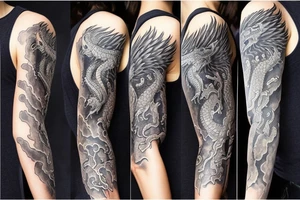 Full sleeve tattoo with saphira the dragon tattoo idea