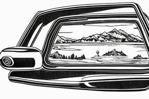 1970 oldsmobile cutlass rearview mirror showing the road behind with a mountainous region and a body of water tattoo idea