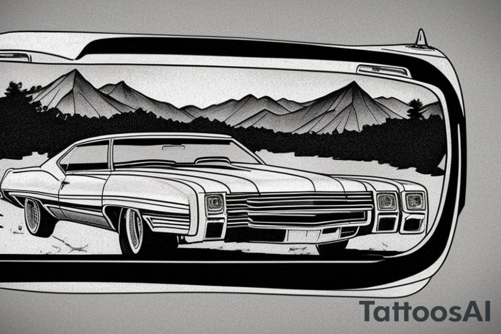 1970 oldsmobile cutlass rearview mirror showing the road behind with a mountainous region and a body of water tattoo idea