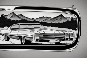 1970 oldsmobile cutlass rearview mirror showing the road behind with a mountainous region and a body of water tattoo idea