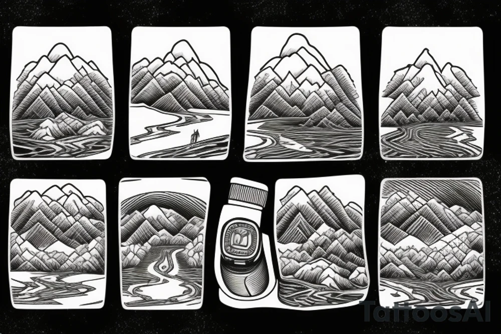 rearview mirror that is showing the road behind with a mountainous region and a body of water tattoo idea