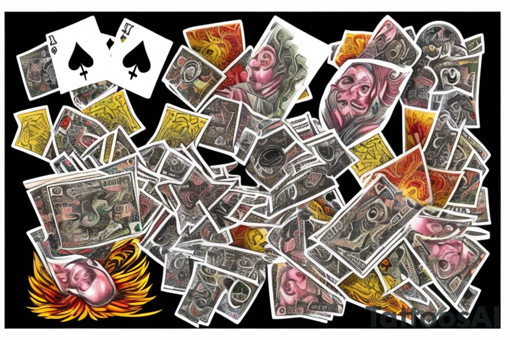 Royal flush with money burning and in the smoke it reads why so serious tattoo idea