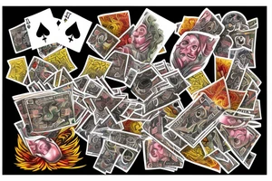 Royal flush with money burning and in the smoke it reads why so serious tattoo idea