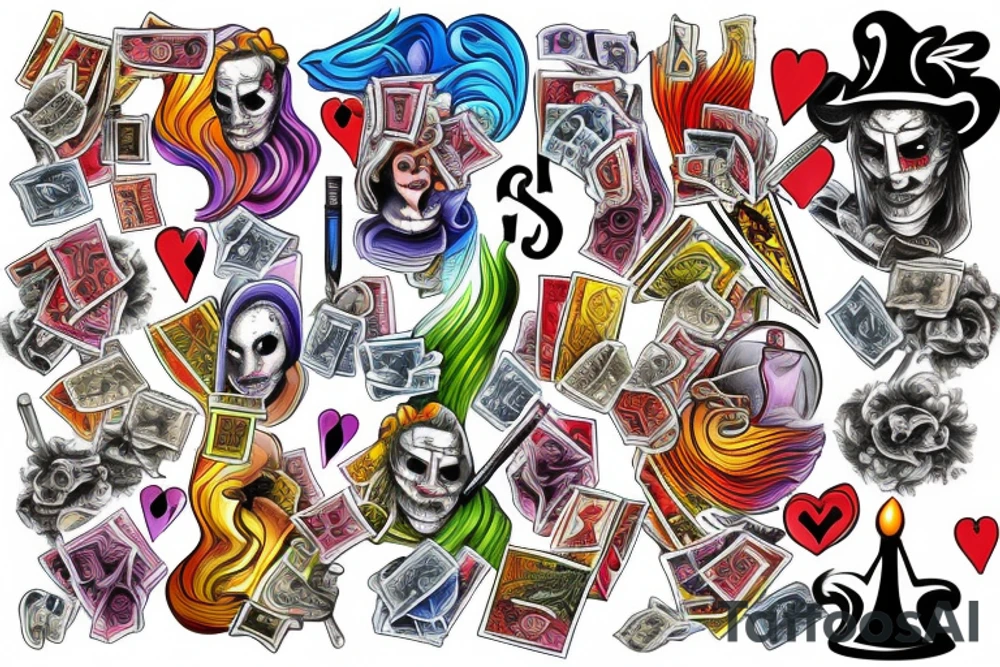 Royal flush with money burning and in the smoke it reads why so serious tattoo idea