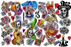 Royal flush with money burning and in the smoke it reads why so serious tattoo idea