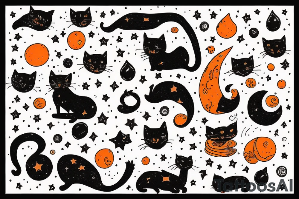 Black cat and orange cat with a starry cosmic theme to it tattoo idea