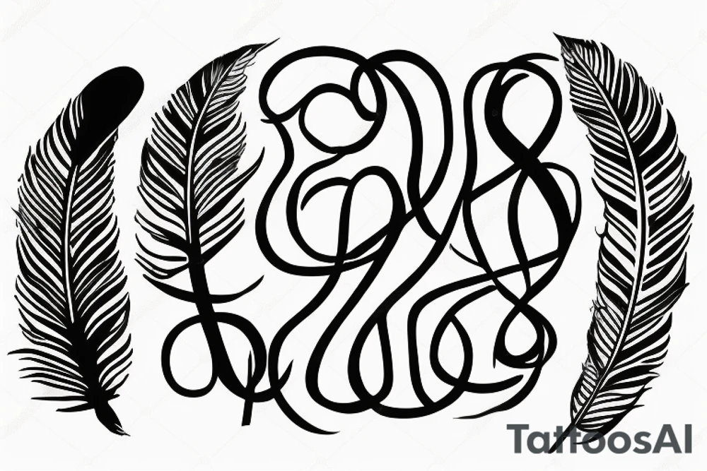 Generate an image of a minimalist tattoo design that conveys the message "You are at the right place, at the right time." The design should feature a feather symbol that is integrated with the phrase in an old typewriter-style font. tattoo idea