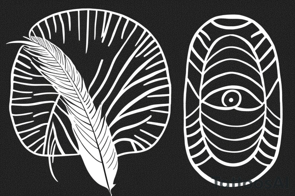 Generate an image of a minimalist tattoo design that conveys the message "You are at the right place, at the right time." The design should feature a feather symbol that is integrated with the phrase in an old typewriter-style font. tattoo idea