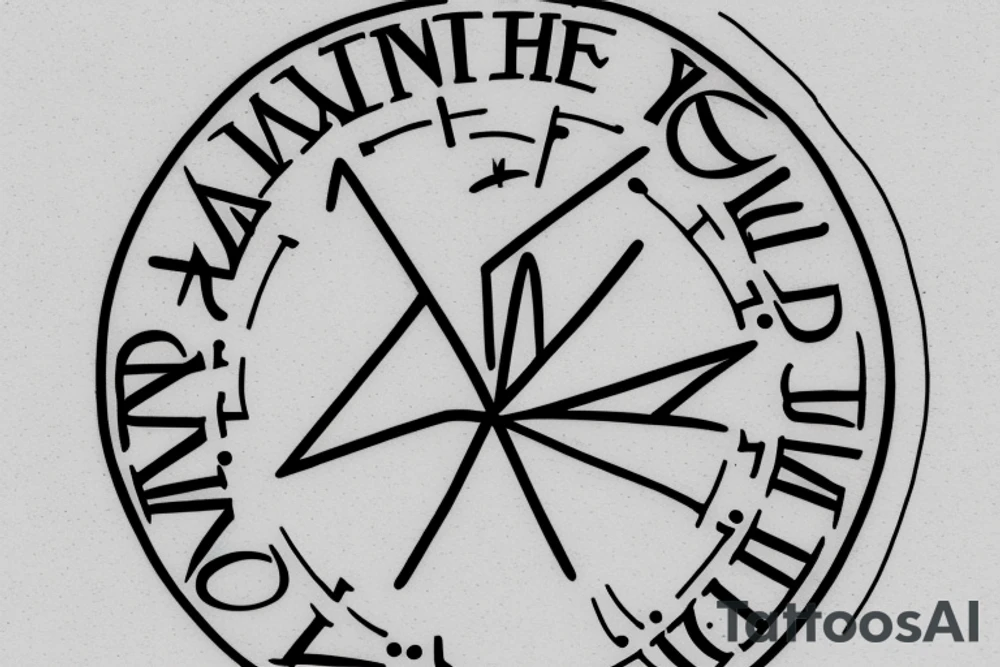 Generate an image of a minimalist tattoo design that conveys the message "You are at the right place, at the right time." The design should feature a glyph symbol integrated with the phrase in an old typewriter-style font. tattoo idea