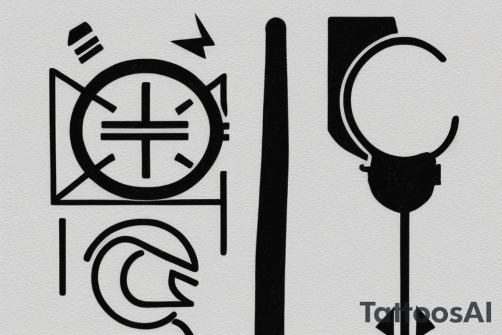 Generate an image of a minimalist tattoo design that conveys the message "You are at the right place, at the right time." The design should feature a glyph symbol integrated with the phrase in an old typewriter-style font. tattoo idea