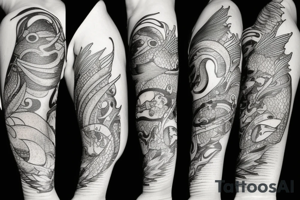 Tattoo that represents ALL three signs: Pisces sun, aquarius rising, Sagittarius moon.

The fish, the archer, and the pouring water gourd tattoo idea