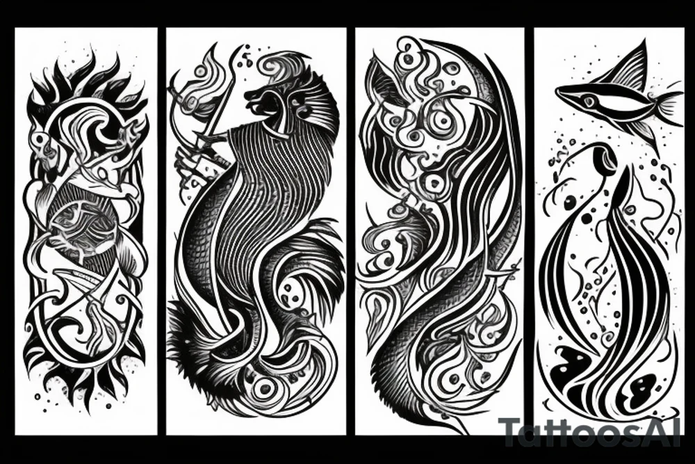 Tattoo that represents ALL three signs: Pisces sun, aquarius rising, Sagittarius moon.

The fish, the archer, and the pouring water gourd tattoo idea