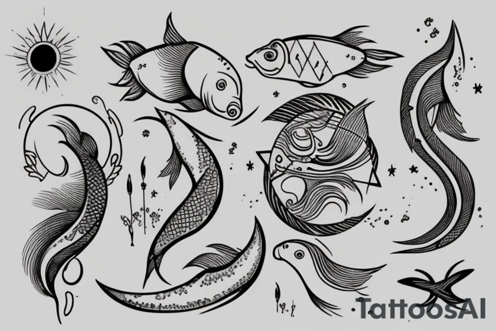 Tattoo that represents ALL three signs: Pisces sun, aquarius rising, Sagittarius moon.

The fish, the archer, and the pouring water gourd tattoo idea