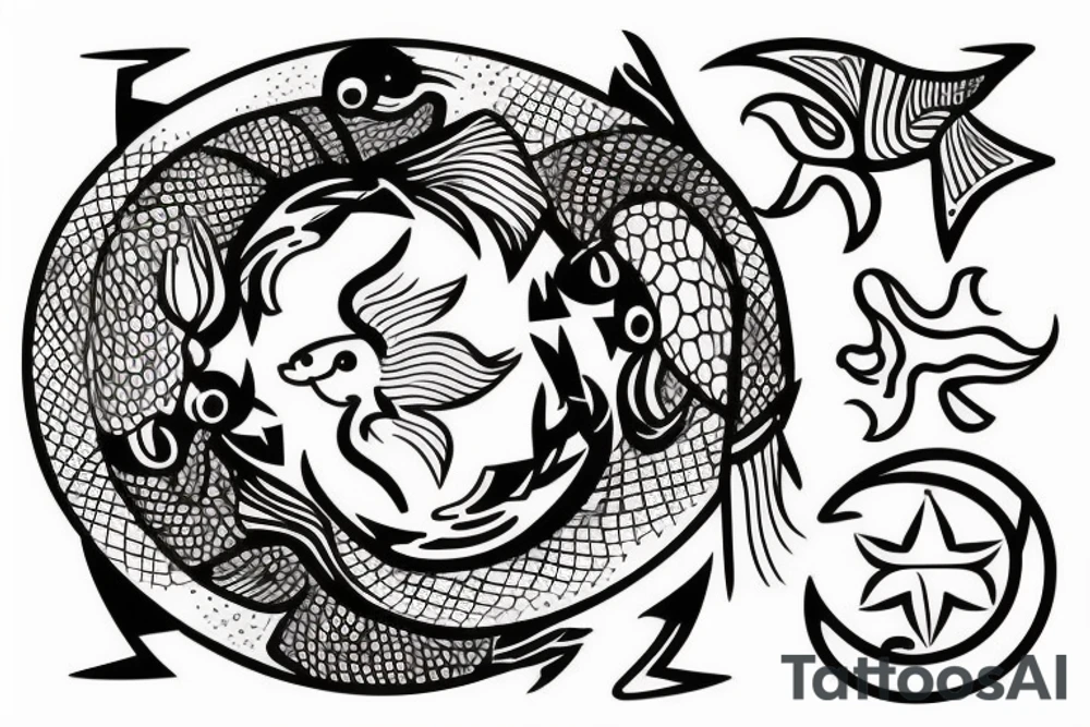 Tattoo that represents ALL three signs: Pisces sun, aquarius rising, Sagittarius moon.

The fish, the archer, and the pouring water gourd have to be visible in the tattoo tattoo idea