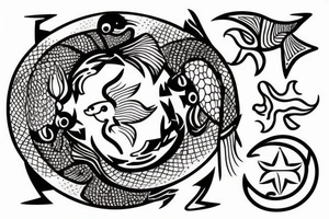 Tattoo that represents ALL three signs: Pisces sun, aquarius rising, Sagittarius moon.

The fish, the archer, and the pouring water gourd have to be visible in the tattoo tattoo idea