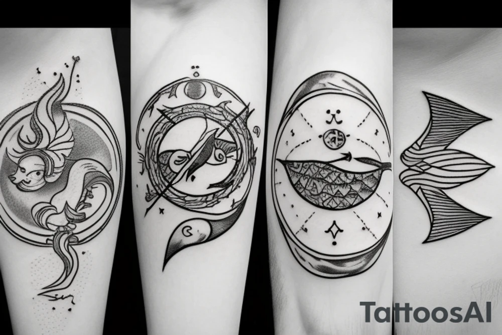Tattoo that represents ALL three signs: Pisces sun, aquarius rising, Sagittarius moon.

The fish, the archer, and the pouring water gourd have to be visible in the tattoo tattoo idea