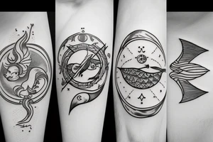 Tattoo that represents ALL three signs: Pisces sun, aquarius rising, Sagittarius moon.

The fish, the archer, and the pouring water gourd have to be visible in the tattoo tattoo idea